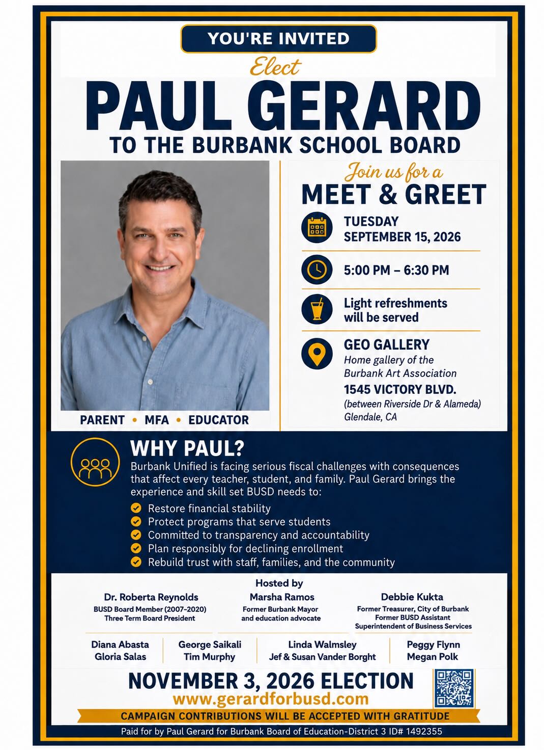 Meet and Greet invitation — September 15, 2026 at Geo Gallery
